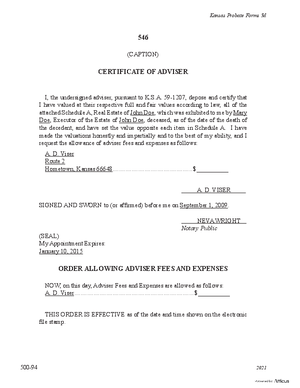 Thumbnail of Kansas Form Certificate Of Adviser