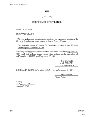 Thumbnail of Kansas Form Certificate Of Appraiser Of Real Estate