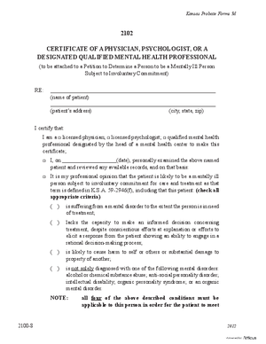 Thumbnail of Kansas Form Certificate Of A Physician, Psychologist, Or A Designated Qualified Mental Health Professional (Mental Illness)