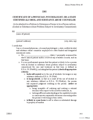 Thumbnail of Kansas Form Certificate Of A Physician, Psychologist, Or A State Certified Alcohol And Substance Abuse Counselor