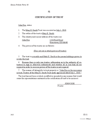 Thumbnail of Kansas Form Certification Of Trust