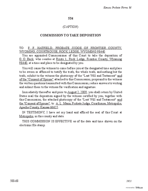 Thumbnail of Kansas Form Commission To Take Deposition Of Subscribing Witness