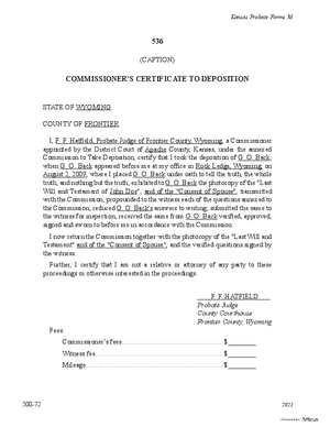 Thumbnail of Kansas Form Commissioner's Certificate To Deposition Of Subscribing Witness