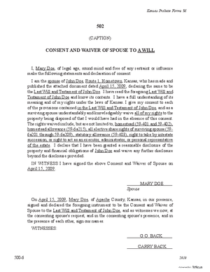 Thumbnail of Kansas Form Consent And Waiver Of Spouse To A Will