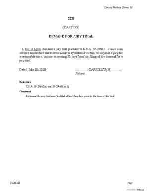 Thumbnail of Kansas Form Demand For Jury Trial (Substance Abuse)