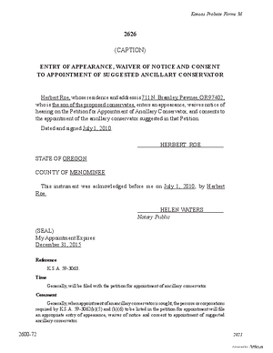 Thumbnail of Kansas Form Entry Of Appearance, Waiver Of Notice And Consent To Appointment Of Suggested Ancillary Conservator