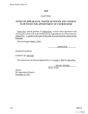 Thumbnail of Kansas Form Entry Of Appearance, Waiver Of Notice And Consent To Petition For Appointment Of Conservator