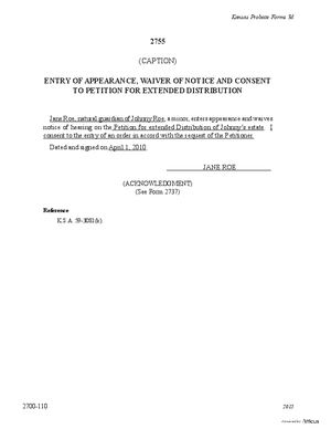 Thumbnail of Kansas Form Entry Of Appearance, Waiver Of Notice And Consent To Petition For Extended Distribution Of Minor's Estate