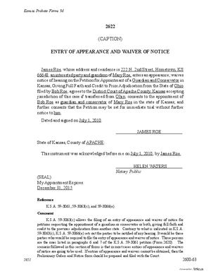 Thumbnail of Kansas Form Entry Of Appearance And Waiver Of Notice Of Hearing On Petition For Appointment Of Guardian/conservator In Kansas Giving Full Faith And Credit To Prior Adjudication From Another State