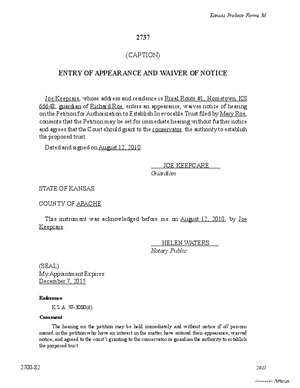 Thumbnail of Kansas Form Entry Of Appearance And Waiver Of Notice Of Hearing On The Petition For Authorization To Establish An Irrevocable Trust
