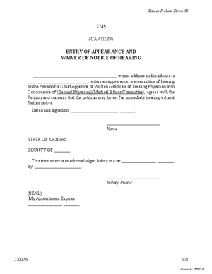 Thumbnail of Kansas Form Entry Of Appearance And Waiver Of Notice Of Hearing Of Petition For Court Approval Of Written Certificate Of Treating Physician With Concurrence