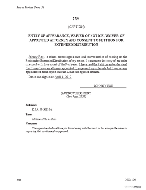Thumbnail of Kansas Form Entry Of Appearance, Waiver Of Notice, Waiver Of Appointed Attorney And Consent To Petition For Extended Distribution Of Minor's Estate