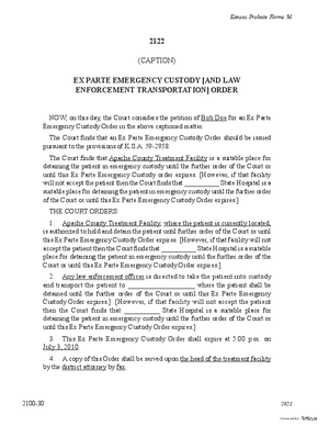 Thumbnail of Kansas Form Ex Parte Emergency Custody [And Law Enforcement Transportation] Order (Mental Illness)