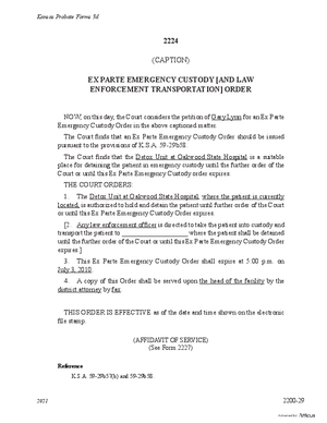 Thumbnail of Kansas Form Ex Parte Emergency Custody [And Law Enforcement Transportation] Order (Substance Abuse)