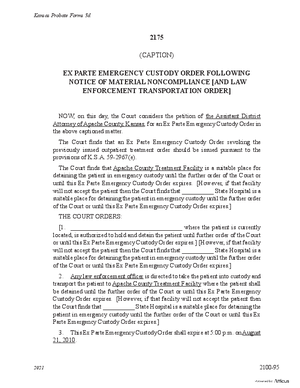 Thumbnail of Kansas Form Ex Parte Emergency Custody Order Following Notice Of Material Noncompliance [And Law Enforcement Transportation Order] (Mental Illness)