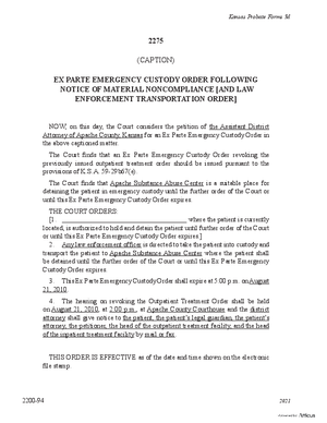 Thumbnail of Kansas Form Ex Parte Emergency Custody Order Following Notice Of Material Noncompliance [And Law Enforcement Transportation Order] (Substance Abuse)