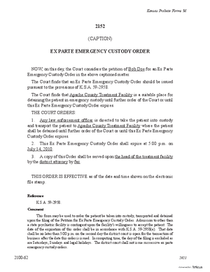 Thumbnail of Kansas Form Ex Parte Emergency Custody Order (Mental Illness)