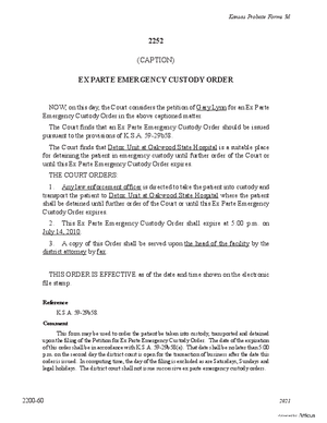 Thumbnail of Kansas Form Ex Parte Emergency Custody Order (Substance Abuse)