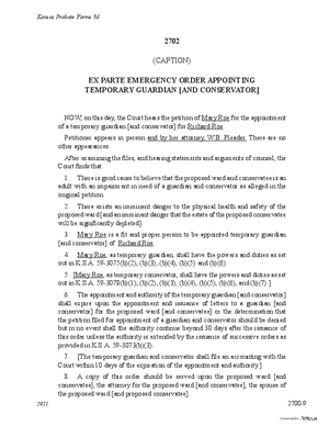 Thumbnail of Kansas Form Ex Parte Emergency Order Appointing Temporary Guardian [And Conservator] (Misc Guardianship/conservatorship)