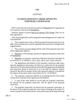Thumbnail of Kansas Form Ex Parte Emergency Order Appointing Temporary Conservator (Misc Guardianship/conservatorship)