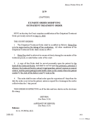 Thumbnail of Kansas Form Ex Parte Order Modifying Outpatient Treatment Order (Mental Illness)