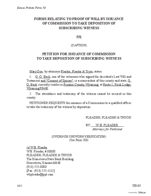 Thumbnail of Kansas Form Forms Relating To Proof Of Will By Issuance Of Commission To Take Deposition Of Subscribing Witness