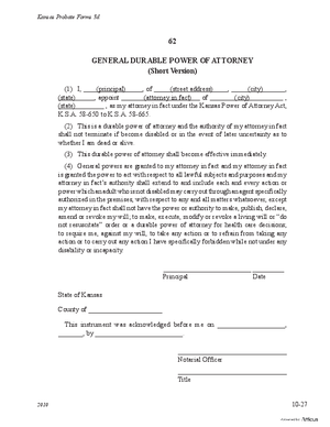 Thumbnail of Kansas Form General Durable Power Of Attorney (Short Version)