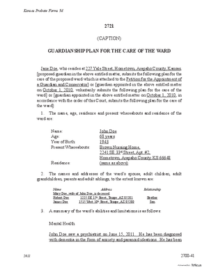 Thumbnail of Kansas Form Guardianship Plan For The Care Of The Ward