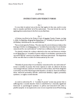 Thumbnail of Kansas Form Instructions And Verdict Forms - For Determination Of A Mentally Ill Person Subject To Involuntary Commitment For Care And Treatment (Mental Illness)