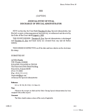 Thumbnail of Kansas Form Journal Entrty Of Final Discharge Of Special Administrator