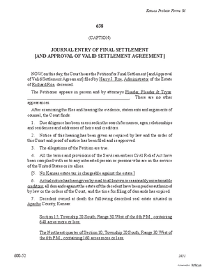 Thumbnail of Kansas Form Journal Entry Of Final Settlement [And Approval Of Valid Settlement Agreement] (Supervised Intestate Administration)