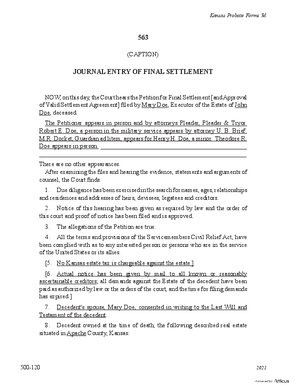 Thumbnail of Kansas Form Journal Entry Of Final Settlement (Supervised Testate Administration)