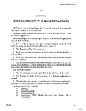 Thumbnail of Kansas Form Judicial Determination Of Statutory Allowance