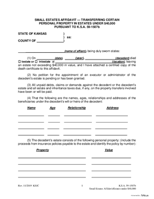 Thumbnail of Kansas Form K.s.a. 59-1507b - Small Estates Affidavit