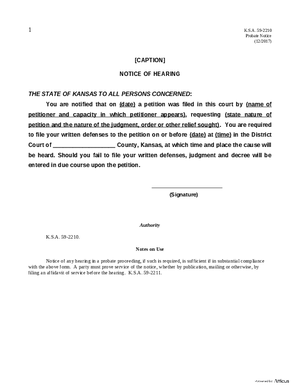 Thumbnail of Kansas Form K.s.a. 59-2210 - Probate, Hearing Notice