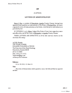 Thumbnail of Kansas Form Letters Of Administration (Supervised Intestate Administration)