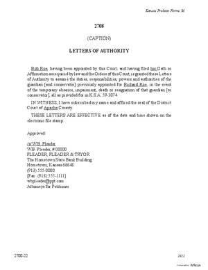 Thumbnail of Kansas Form Letters Of Authority (Misc Guardianship/conservatorship)