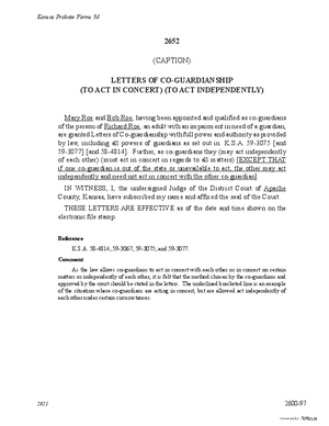 Thumbnail of Kansas Form Letters Of Co-guardianship (To Act In Concert/to Act Independently) (Involuntary)