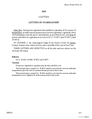 Thumbnail of Kansas Form Letters Of Guardianship (Involuntary)