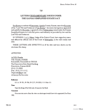 Thumbnail of Kansas Form Letters Testamentary Issued Under The Kansas Simplified Estates Act
