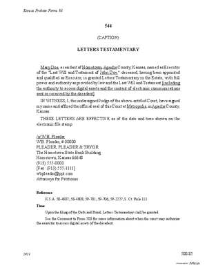 Thumbnail of Kansas Form Letters Testamentary (Supervised Testate Administration)