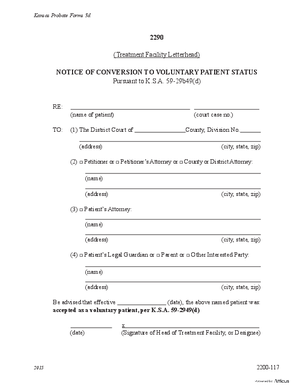 Thumbnail of Kansas Form Notice Of Conversion To Voluntary Patient Status (Substance Abuse)