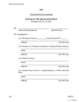 Thumbnail of Kansas Form Notice Of The Death Of Patient (Mental Illness)