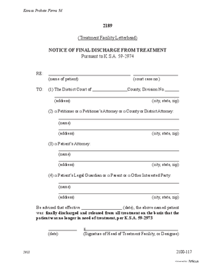 Thumbnail of Kansas Form Notice Of Final Discharge From Treatment (Mental Illness)