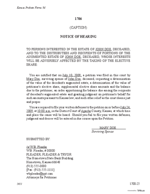 Thumbnail of Kansas Form Notice Of Hearing For Elective Share
