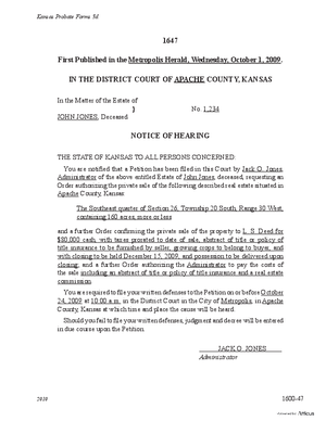 Thumbnail of Kansas Form Notice Of Hearing For Sale Of Real Estate At Private Sale And For Confirmation Of Sale