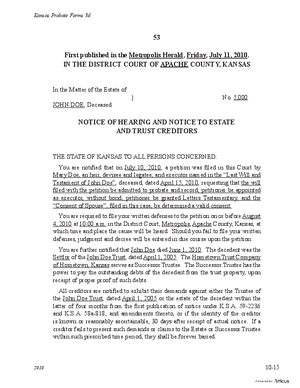 Thumbnail of Kansas Form Notice Of Hearing And Notice To Estate And Trust Creditors