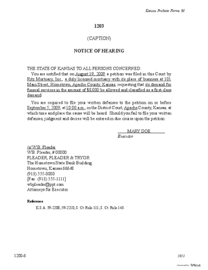 Thumbnail of Kansas Form Notice Of Hearing Of Petition For Allowance And Classification Of Demand