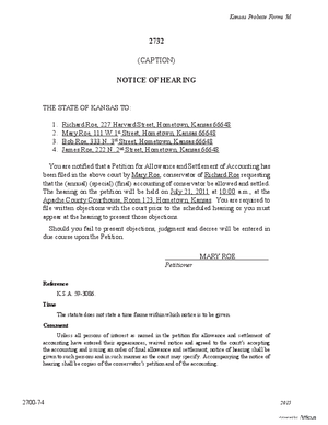 Thumbnail of Kansas Form Notice Of Hearing Of Petition For Allowance And Settlement Of Accounting (Misc Guardianship/conservatorship)