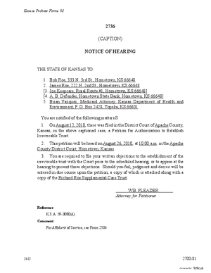 Thumbnail of Kansas Form Notice Of Hearing Of Petition For Authorization To Establish An Irrevocable Trust